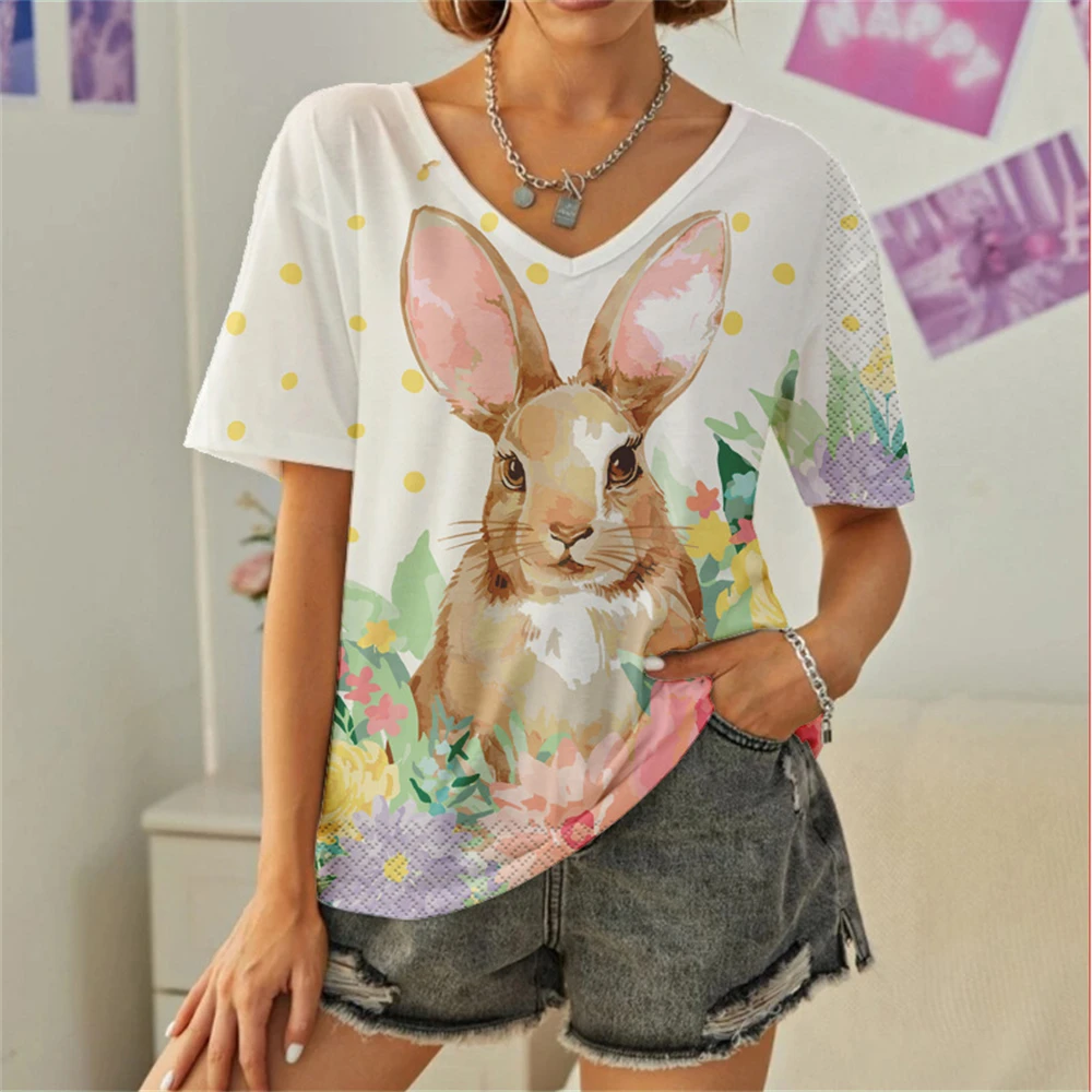 

2023 Animal Rabbit Printing Women T-shirts Casual V Neck Plus Size Ladies Pullover Cute Cartoon Short Sleeve Camisetas Tops Tee