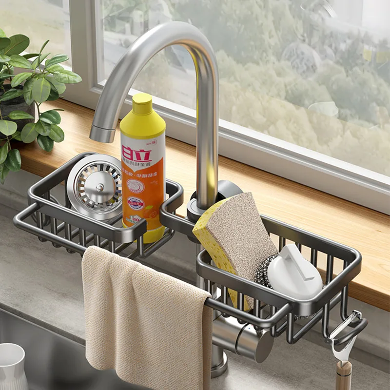 

1 Or 2 Pcs Punch Free Kitchen Drain Storage Bracket Aluminum Swivel Home Shelf Sponge Rag Tap Organize Rack Hanging Basket