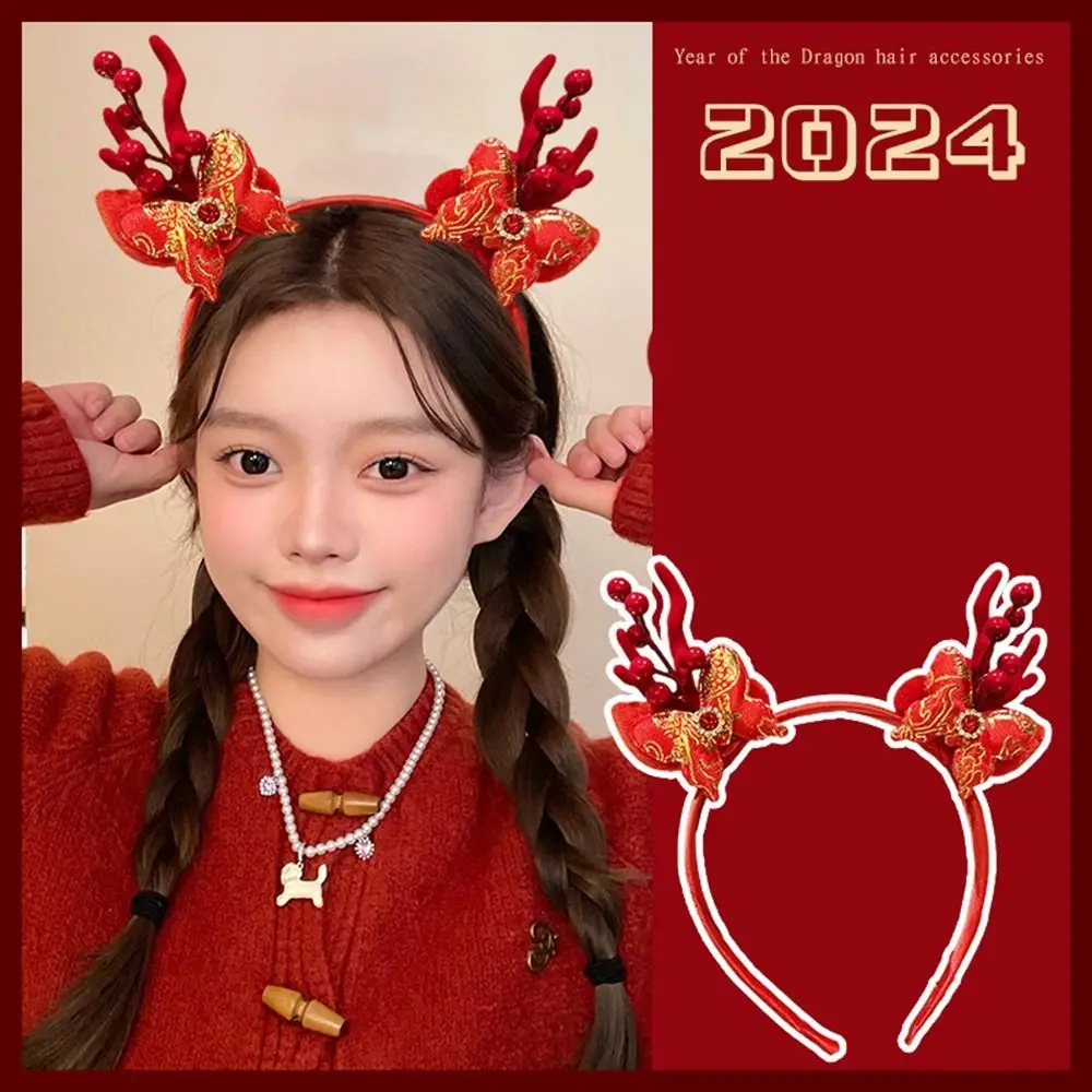 Красная повязка на голову 2024 с рогом дракона кисточка красная бантом новогодний