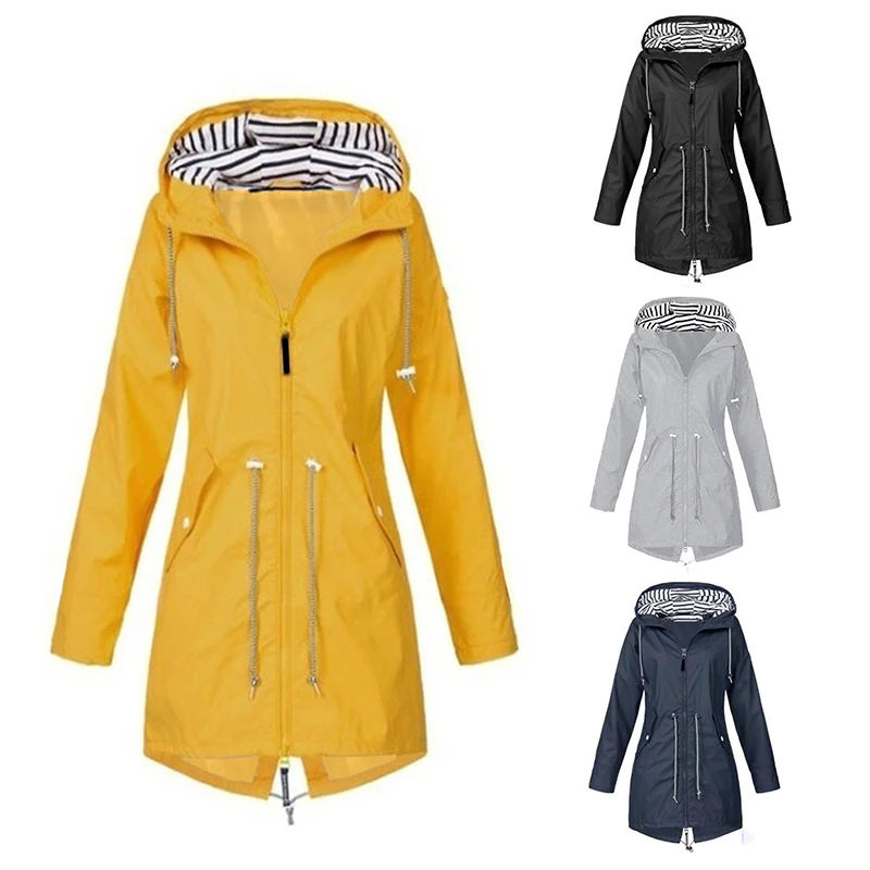 

Женская ветровка с капюшоном, повседневная однотонная куртка на молнии, с карманами, водонепроницаемая уличная одежда для скалолазания, ве...