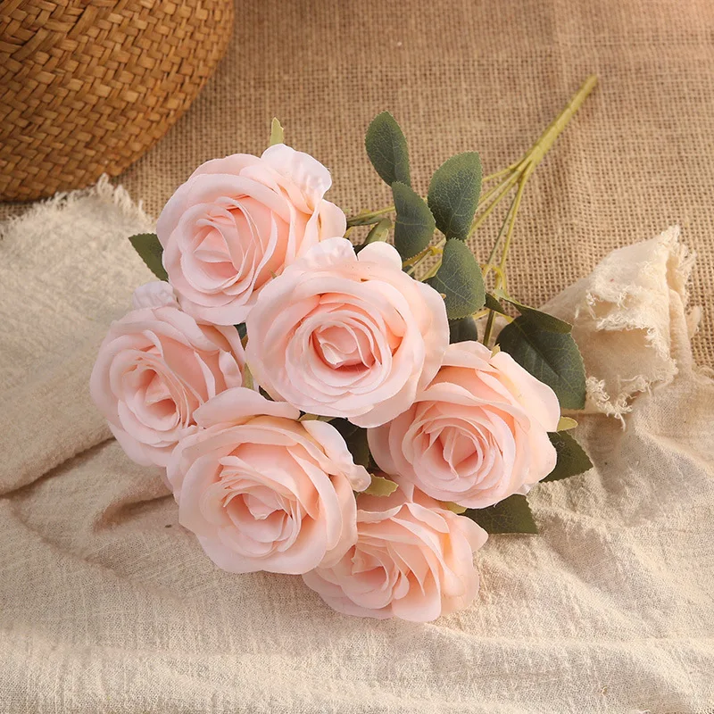 

Artificial Pink Round Head Rose Bouquet Silk Flower Arrangement Valentine's Day Gift Wedding Photography Home Garden Decoration