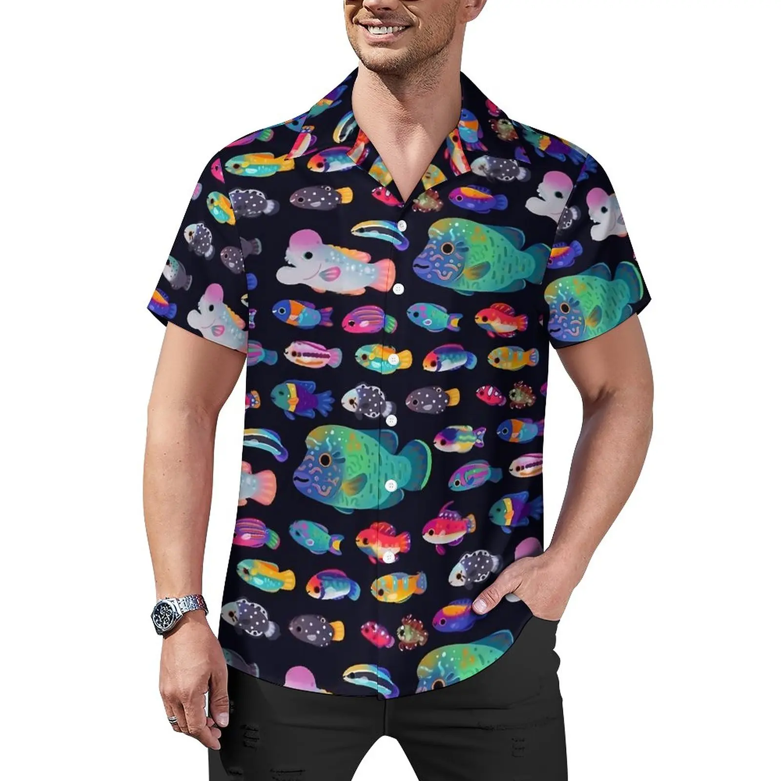 

Рубашка для отпуска с тропическим морским пейзажем, Гавайские повседневные рубашки с красочным принтом рыб, мужские эстетические блузки, одежда с коротким рукавом