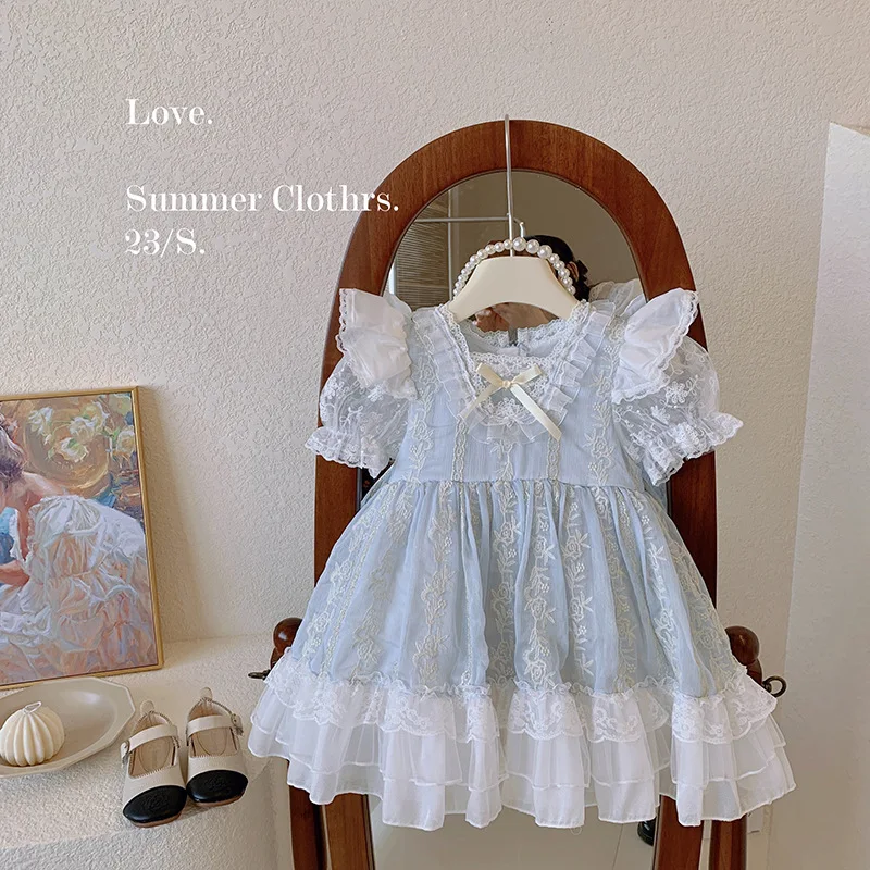 

Cute Flowers Lace Bow Girls' Dress for Birthday party Wedding 2023 Summer new Baby Princess Dress Children's Dress