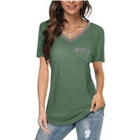 2022 european and american new womens cotton color matching v neck pocket casual short sleeved collage womens t shirt