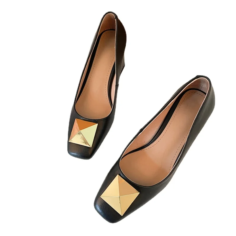 2023 New First Layer Cowhide Single Shoes Thick Heel Shallow Mouth Commuter Wear 31-46 Size Women's Shoes 22-18