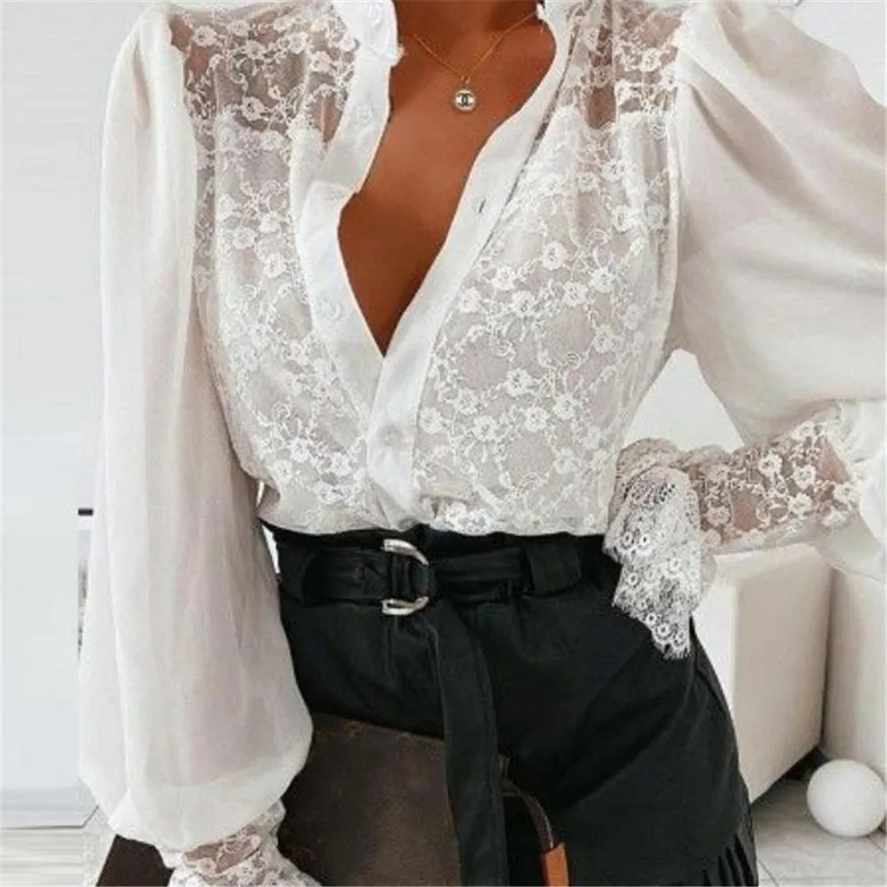 

Blouse Lace Base White Fashion Temperament Solid Color Temperament Commuter Chiffon Long-sleeved Shirt 2022 New Top Office Lady