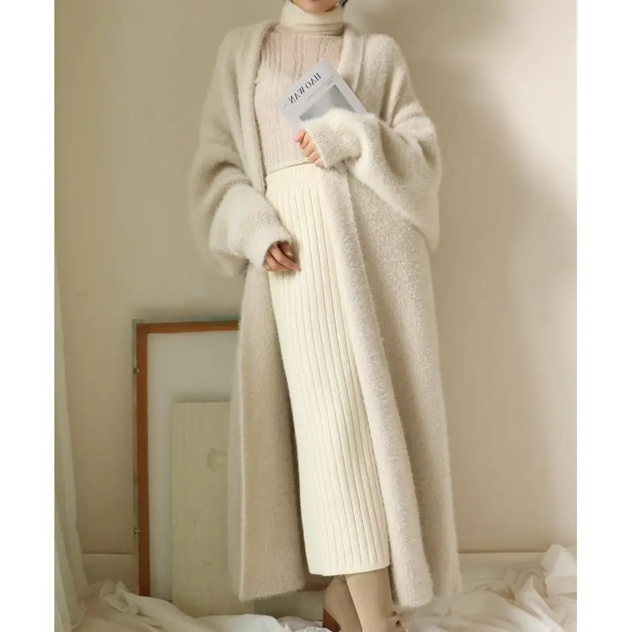 

Winter Clothes Women Faux Mink Cashmere Cardigan Loose Bat Sleeve Long Coat Thickness Warm Knitted Sweater Outwear M62