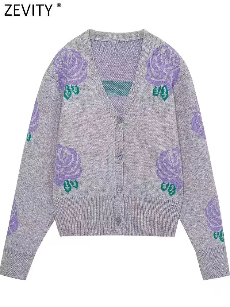 

Zevity 2022 Women Fashion Flower Crochet Knitting Cardigan Sweater Female V Neck Long Sleeve BUtton Chic Casual Coat Tops CT2603