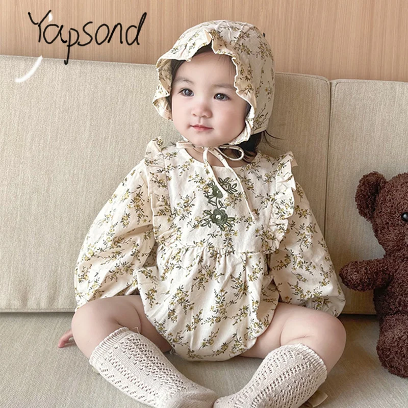 Newborn Princess Baptism Bodysuit Suit New Girl's Floral Long Sleeve One-piece Hat Infant Girl Clothes 0 To 3 Months Romper Baby