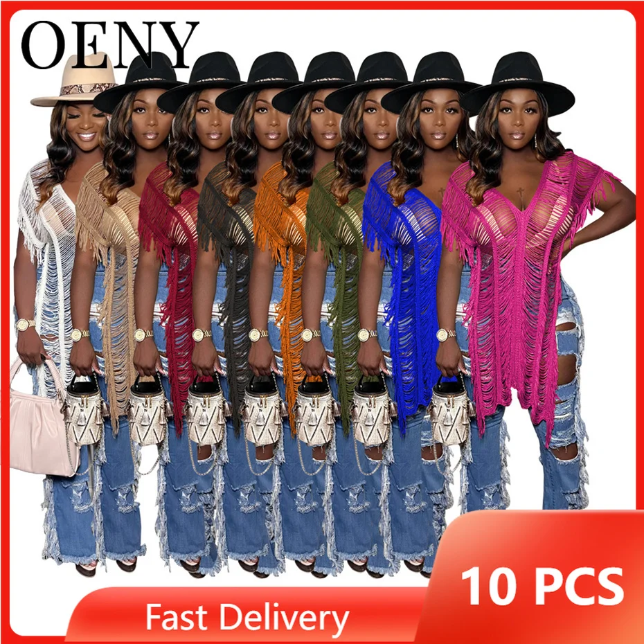 

Оптом товары оптом Лот Новые женские футболки с коротким рукавом с бахромой с прорезями длинная футболка лето 2022 Новая мода свободные удобн...