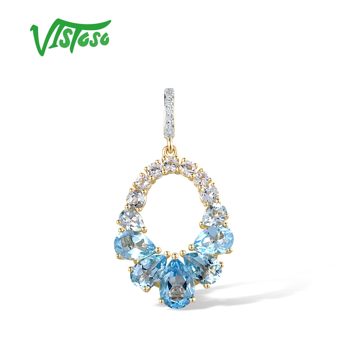 

VISTOSO Pure 14K 585 Yellow Gold Pendant For Women Sparkling Gradual White Blue Topaz Diamond Pear ShapeTrendy Fine Jewelry