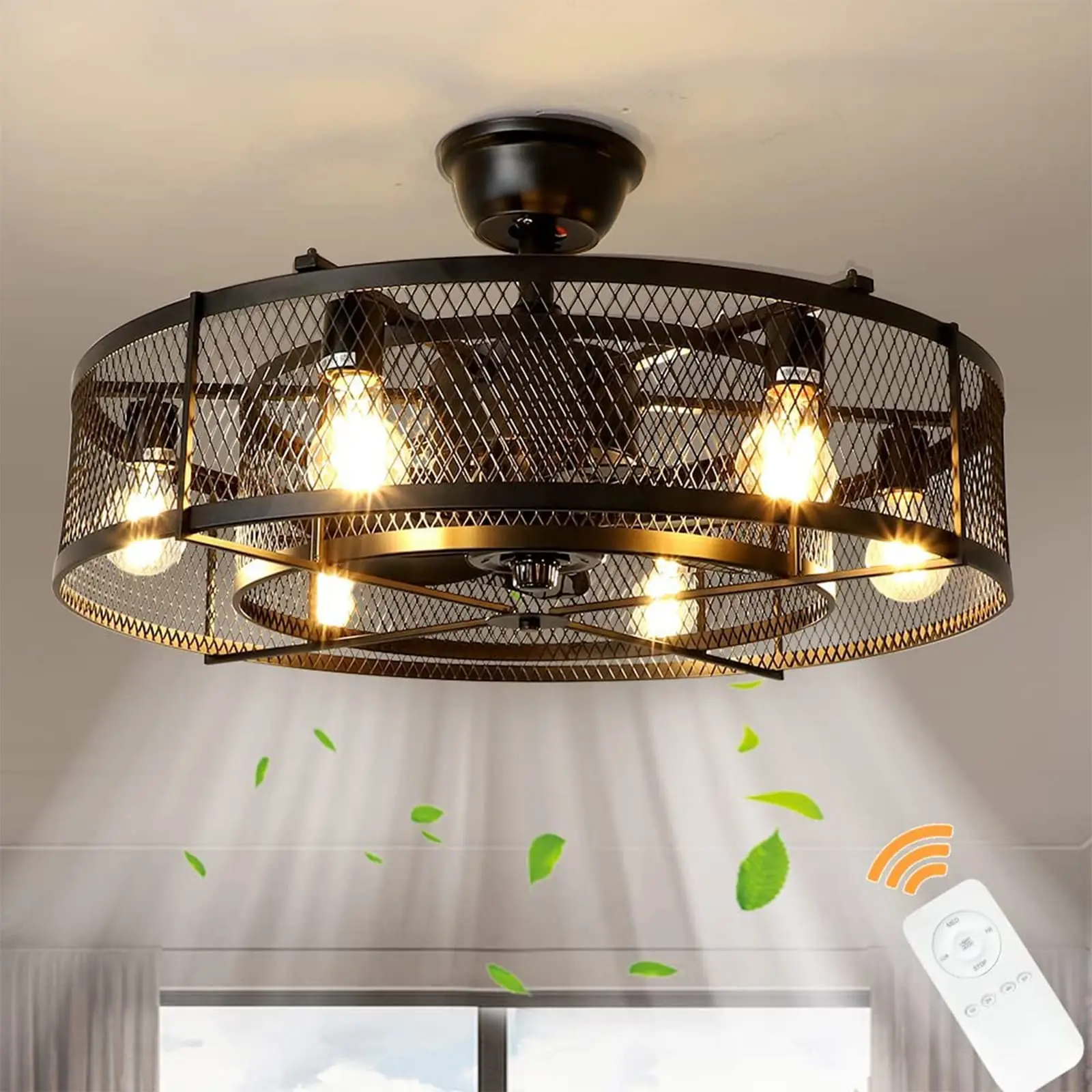 

New Nordic Cage Ceiling Fan Lighting Three Color Variable Frequency Remote Control Pendant Light for Bedroom Living Room Kitchen
