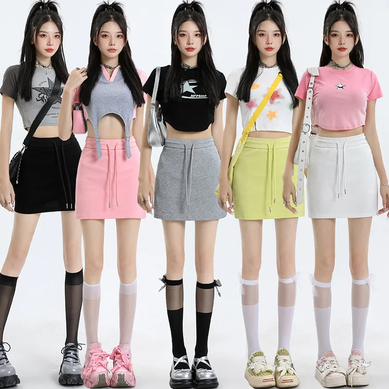 

Sweet Drawstring Sports Short Skirt 2023 Summer New Girl High Waist All Match Hip A Line Skirts Women Korean Style Pink Faldas