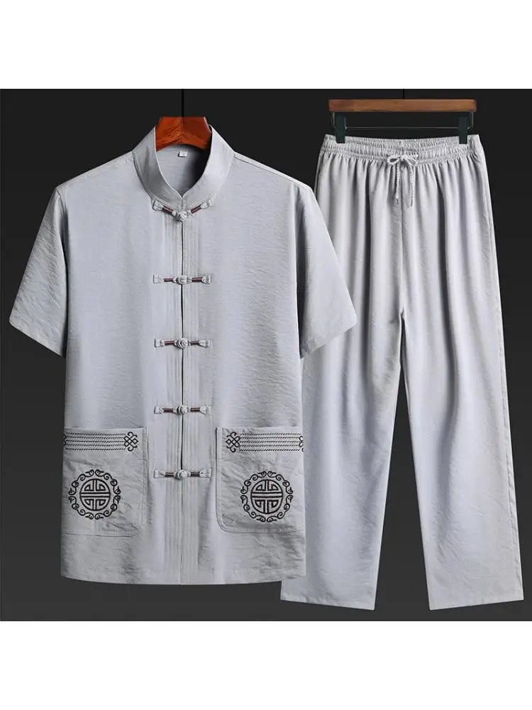 

Middle-aged And Elderly Tang Suit Men's Grandpa Summer Short-sleeved Elderly Clothes Chinese Style Cotton And Linen Suit Dad