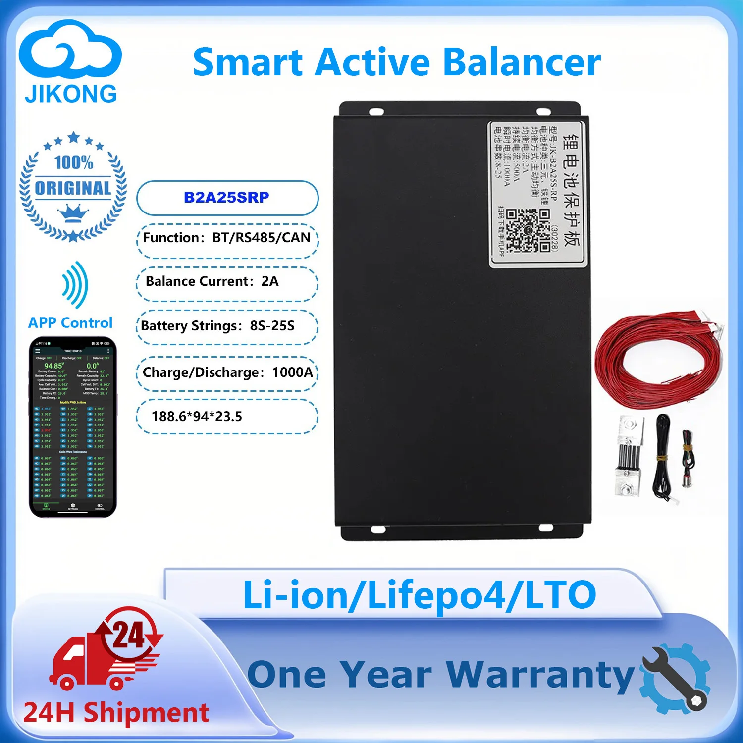 

JKBMS B2A25SRP JIKONG BMS with BT CAN RS485 2A Active Balance for 8S~25S LiFePo4 Li-ion LTO Battery 1000A Charge Protect JK BMS