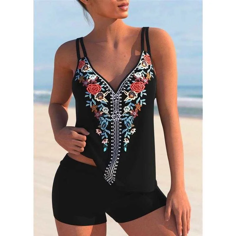 

Split Swimsuit Slim Fit Sling Beautiful Back Ethnic Print Boyshorts For Women