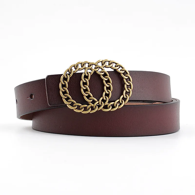 

Genuine Leather Belts for Women Adjustable Double Ring Alloy Fashion Retro Buckle Head Slim Waist Belt Women Luxury Design Riem