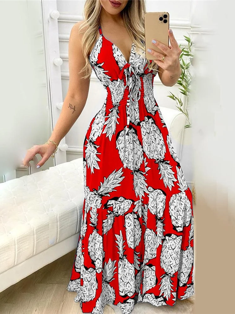 

Элегантное свободное платье на бретельках с рисунком ананаса, летнее сексуальное платье Бохо на шнуровке с V-образным вырезом, женские повс...