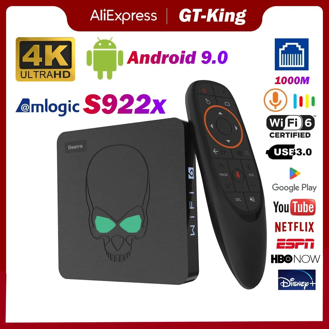 

Beelink GT King TV Box Android 9.0 Amlogic S922X Hexa-core G52 MP6 Graphics LPDDR4 4GB 64GB ROM WiFi6 BT 4.1 4K 60hz Set Top Box