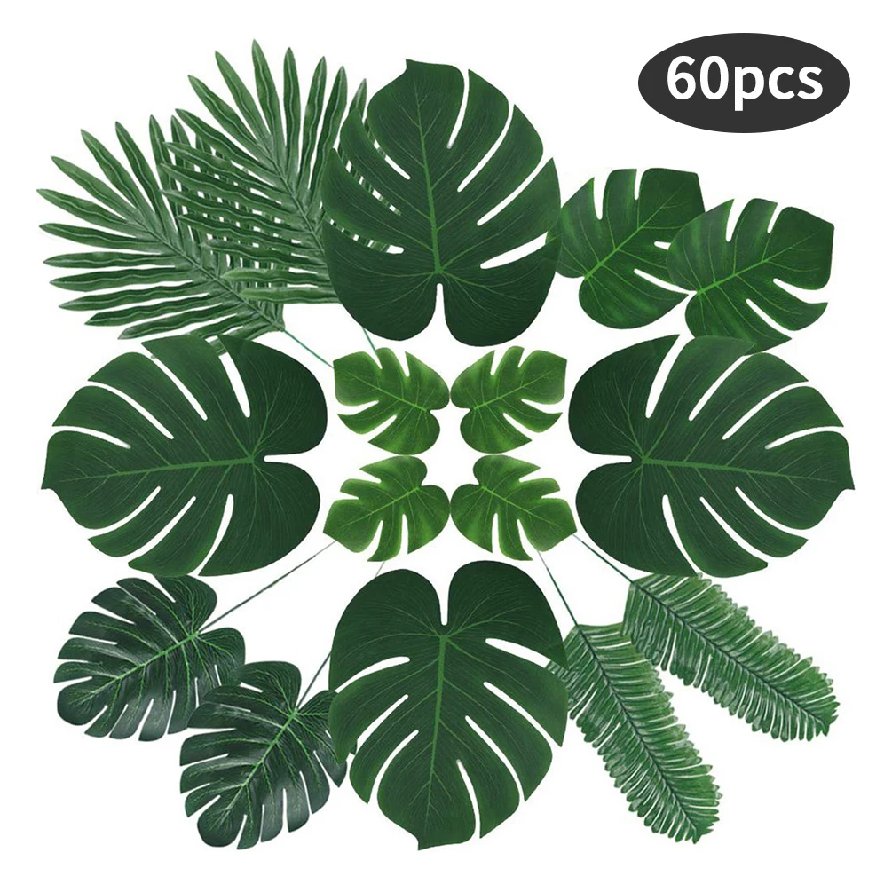 

60Pcs 6 Types Artificial Plants Green Palm Leaves Monstera Tropical Plant Faux Stems Leaves Jungle Beach Theme Party Decoration