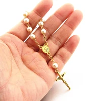 new glass pearl bracelet baptism communion gift catholic cross finger chain pendant mini rosary for christians