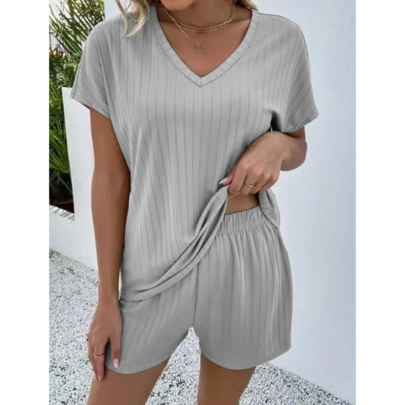 Women's Summer Shorts Set 2023 New Sexy V-Neck Solid Color Casual Loose Pullover Fashion Plus Size Two Piece Home Pajama T-Shirt