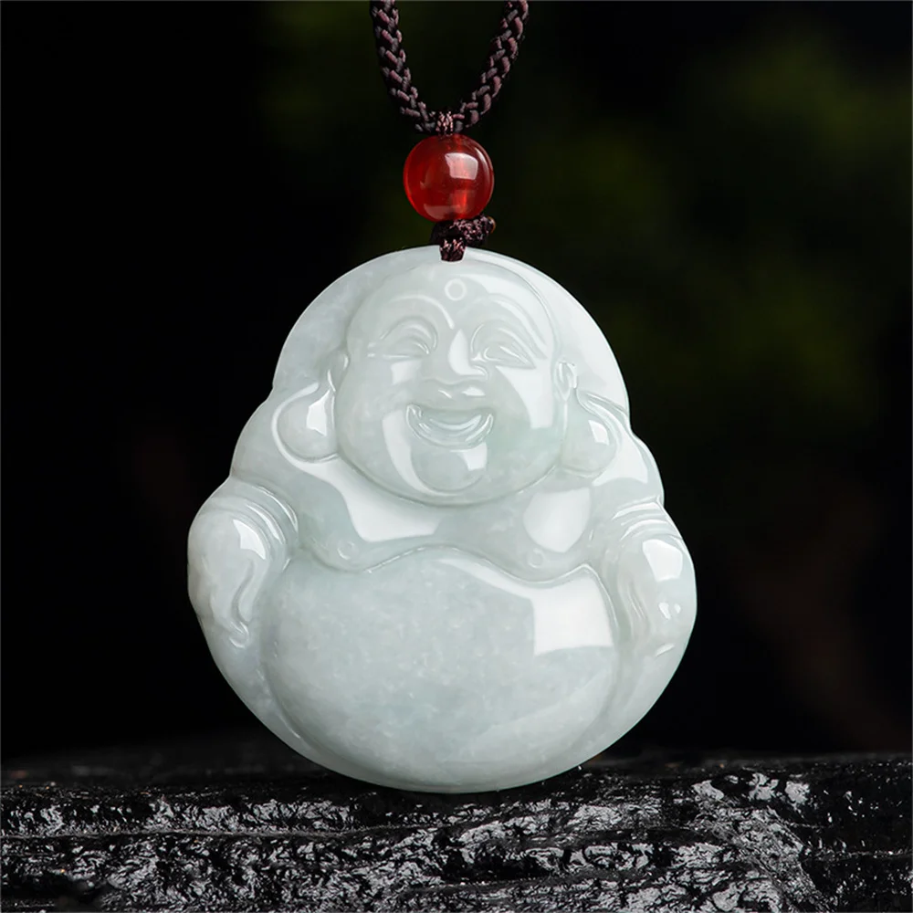 

Natural Ice Green Jadeite Hand Carved Classic Buddha Lucky Pendant Amulet Necklace Certificate Luxury Jade Vintage Gift Jewelry