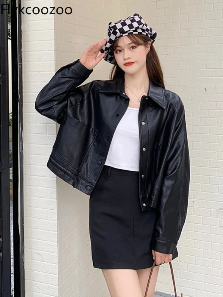 

Flykcoozoo Leather Jacket Women Clothing Design Sense Spring 2022 New Pu Leather Jacket Black Short Top Coats Spring Autumn