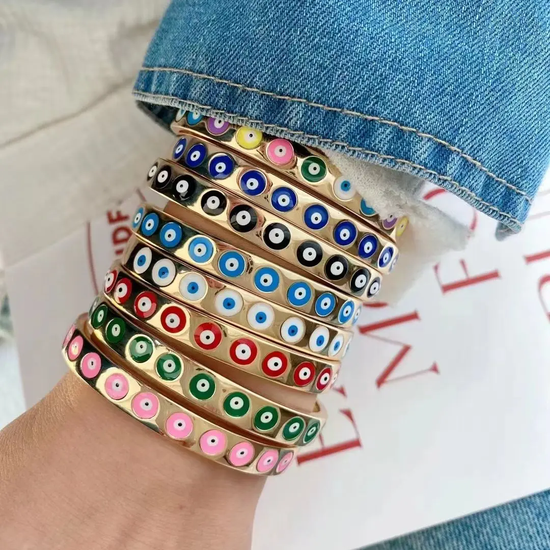 

3PCS, Top Quality Colorful Emanel Cuff Bracelet Gold Plated Evil Eye Open Bangle Adjustable Jewelry Holiday Gift