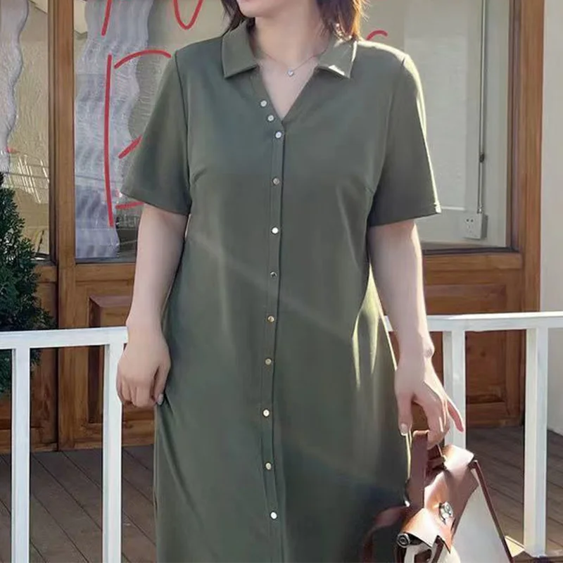 Summer Clothes for Women Turn-down Collar Solid Color Splicing Button Short Sleeve Casual Plus Size A-line Knitted Midi Dress