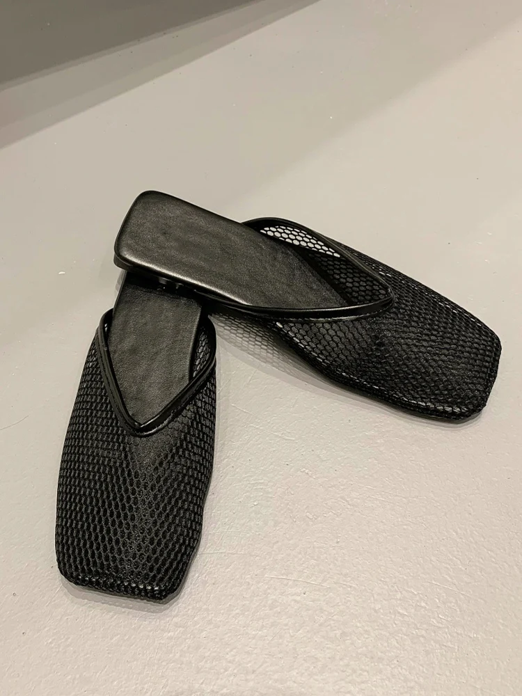 

Summer Women Mesh Flats Slippers 2022 New Breathable Casual Walking Shoes Ladies Slides Fashion Square Toe Shallow Sandals Women