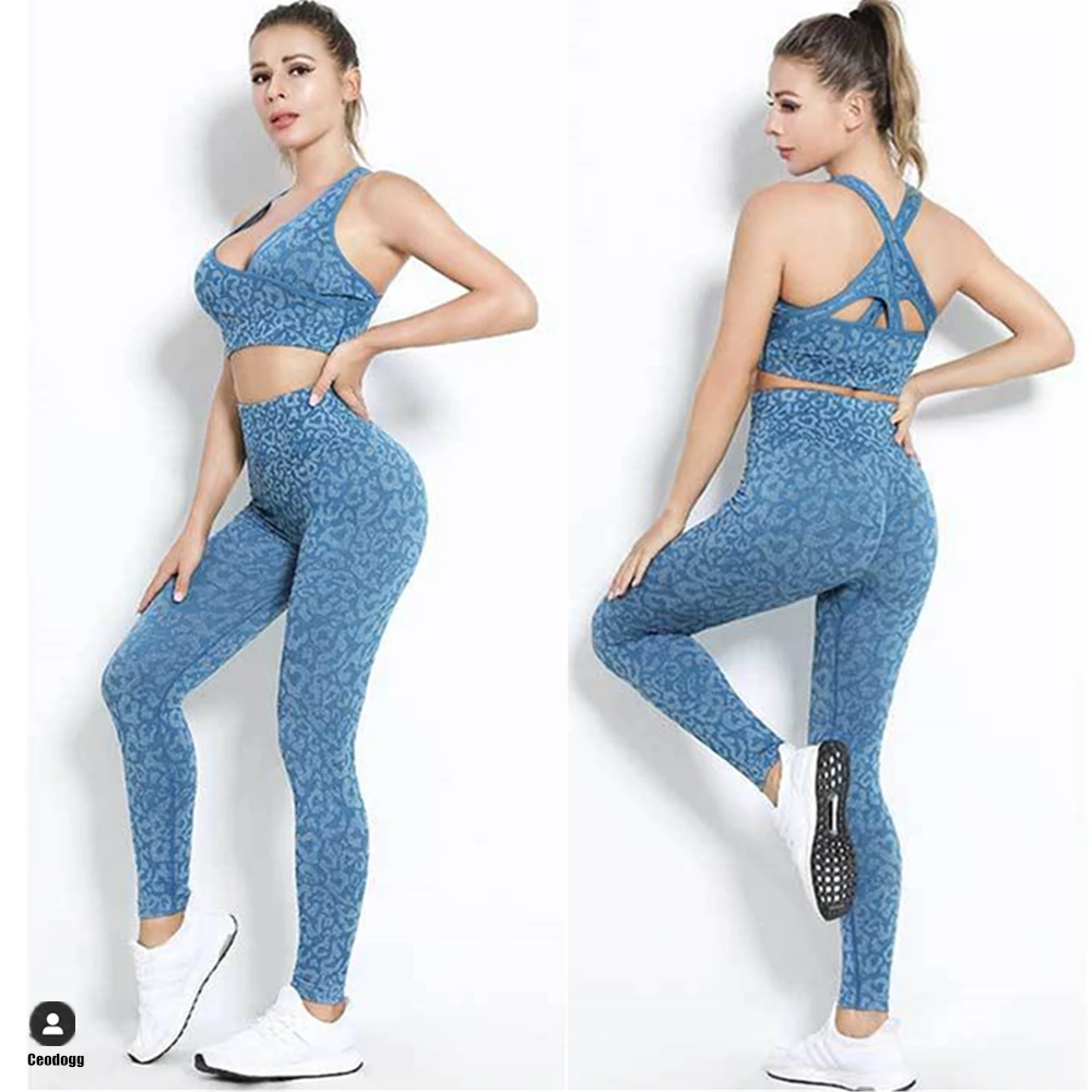 

2 Piece Women Seamless Leopard Yoga Set Fitness Gym Clothing Scrunch Yoga Leggings Cross Sport Bra Sport Suit Femme Sportswear
