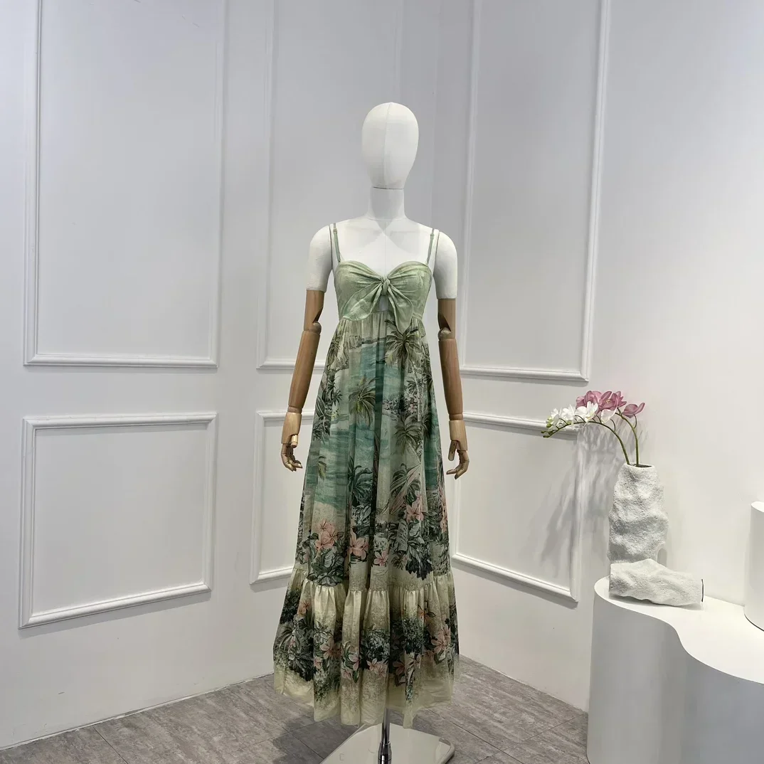 

2023 New Arrival Top Quality Green Cotton Vintage Floral Printing Sleeveless Frill Bow Tie Shirred Woman Midi Dress