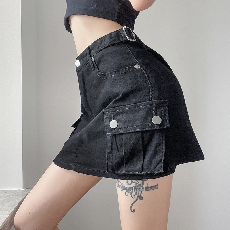

E-girl Gothic Grunge High Waist Pencil Skirt Harajuku Vintage Black Jeans Skirt Pockets Korean Fashion Preppy Style Streetwear