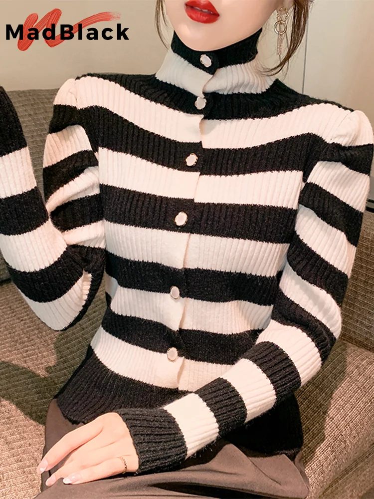 

MadBlack New European Clothes Sweaters Women Mock Neck Striped Tops Rib Long Sleeve Pullovers Autumn Winter New T30427JM