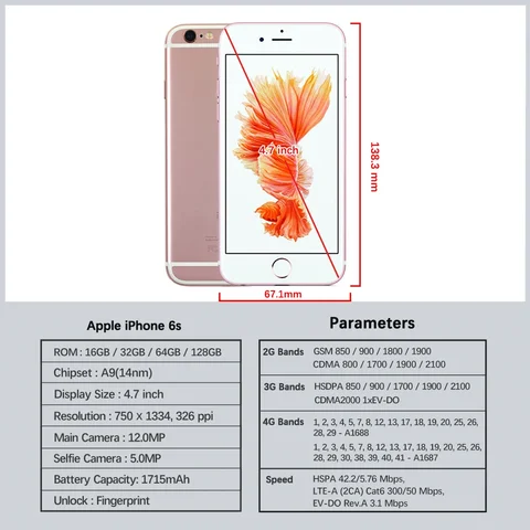Оригинальный мобильный телефон iPhone 6s 4,7 дюйма 4G, 16/64/128 ГБ ПЗУ Touch ID, камера 5 МП + 12 МП, двухъядерный мобильный телефон IOS, оригинальный разблокированный