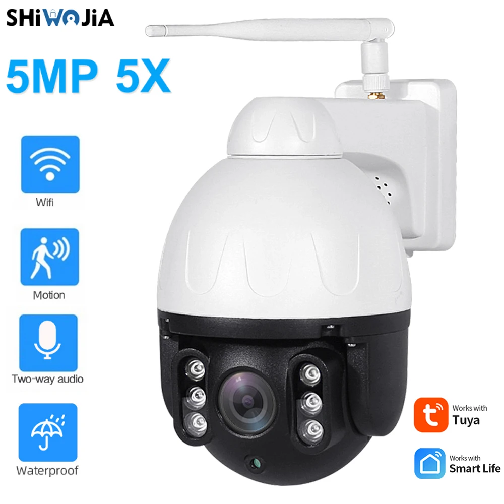 

SHIWOJIA 5MP Tuya PTZ Camera WIFI Outdoor Surveillance IP Camera AI Auto Tracking 5X Zoom 360 Panoramic Speed Dome Video Camera