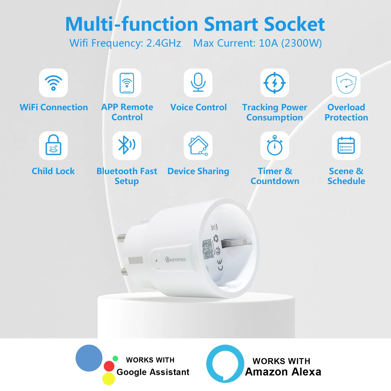 Inteligentne gniazdo Wi-Fi 10A вилка европейского стандарта с голосовым управлением монитор