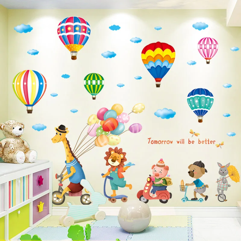 

[shijuekongjian] Cartoon Animals Wall Stickers DIY Hot Air Balloons Mural Decals for Kids Rooms Baby Bedroom Home Decoration
