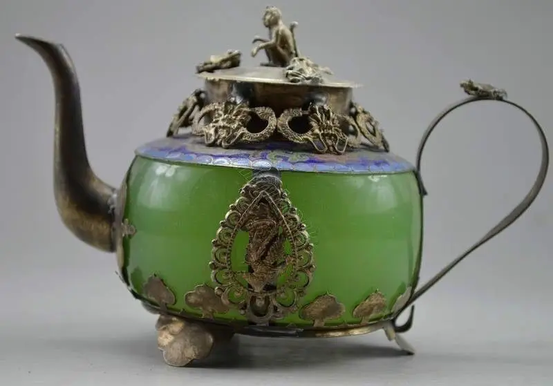 

Tibetan Decorated silver Handwork Jade & Tibet Silver Dragon Tea Pot Monkey Lid shipping tools wedding Decoration Brass