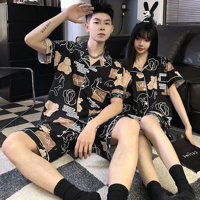 Couple pajama women's thin summer short sleeve cardigan new cotton striped men's lapel summer loungewear set