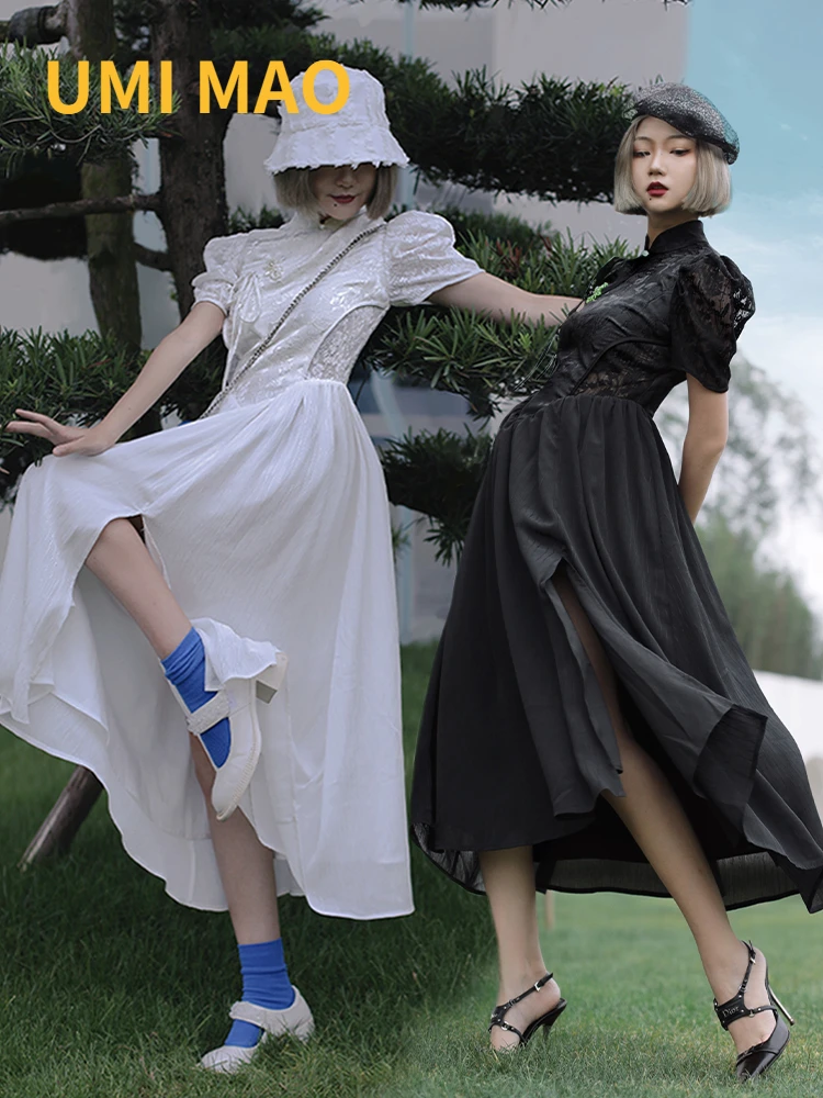 

UMI MAO нишевой дизайн ретро Китайский Чонсам Стиль Корейская Мода полый высокий холодный жемчуг французский черный белый женское платье Y2K