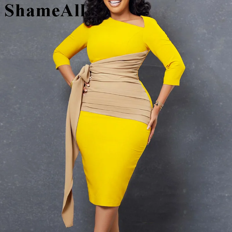 Women Contrast Color Belted Bodycon Dress 3XL Africa Elegant Lady Three-quarter Sleeve Color Block Bow Tie Lace Up Mid Long Robe