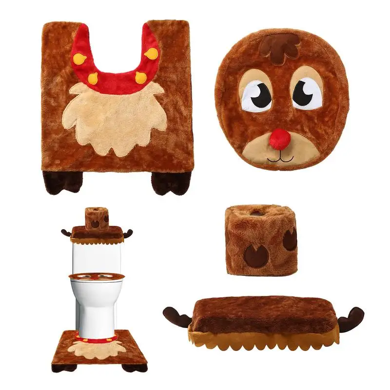 

Christmas Toilet Seat Cover Set 4 PCS Squirrel Toilet Cover and Rug Cute Bathroom Christmas Decorations Set Soft Non-slip Holida