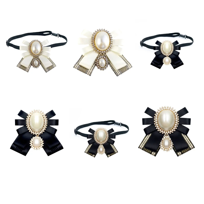 

Korean Style Women Ribbon Ties Imitation Pearls Bow Tie Jewelry Brooch Shirts Collar Pins Uniform Pre-Tied Necktie