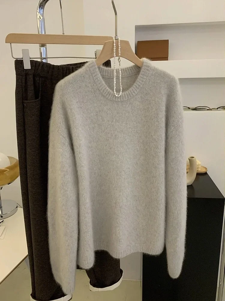 Зима 2023 новый серый пуловер с круглым вырезом свитер свободного покроя вязаный