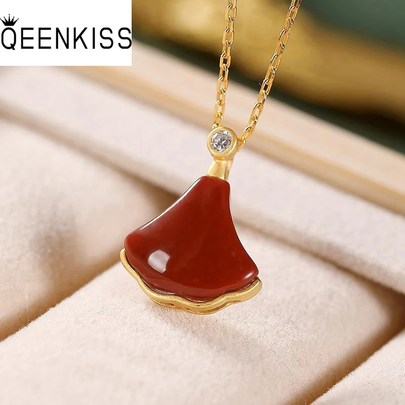 

QEENKISS NC5260 Fine Jewelry Wholesale Fashion Woman Bride Mother Birthday Wedding Gift Apricot Leaf Agate 24KT Gold Necklace