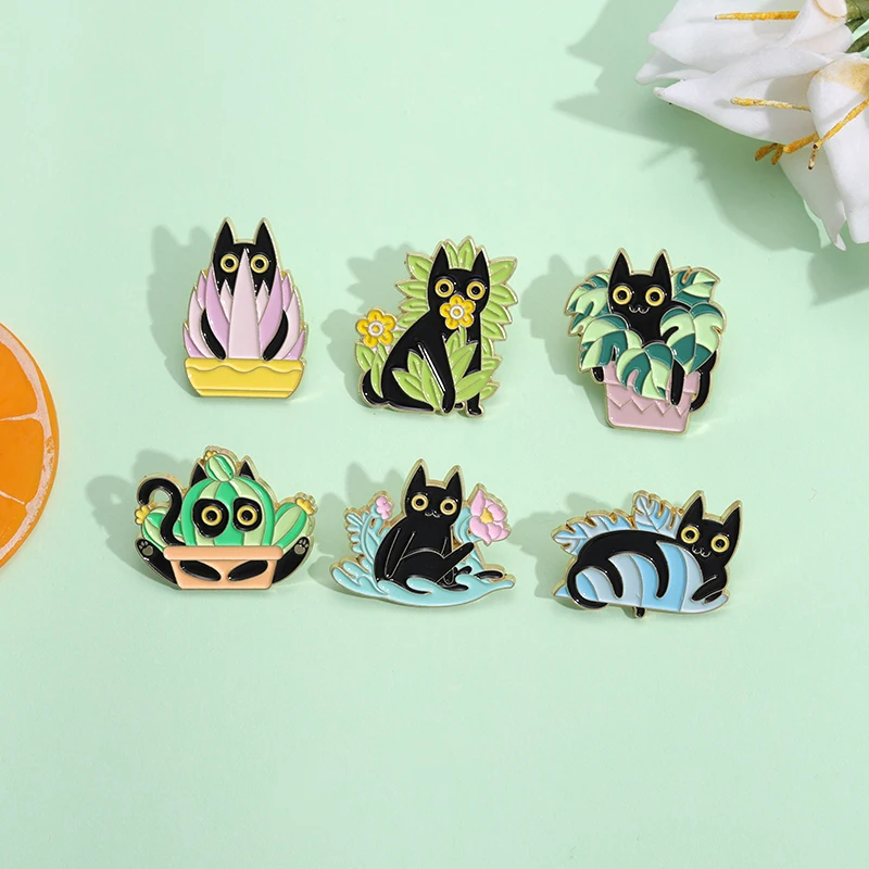 

Black Cat Pot Plants Cute Brooches Animals Cartoon Cactus Enamel Pins for Friends Collar Lapel Badges Jewelry Pin Wholesale