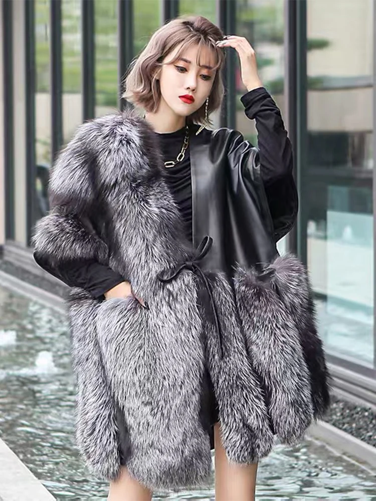2022 High Quality Luxury Women Female Real Silver Fox Fur Outside Genuine Sheepskin Leather Oversize Loose Leisure Coat