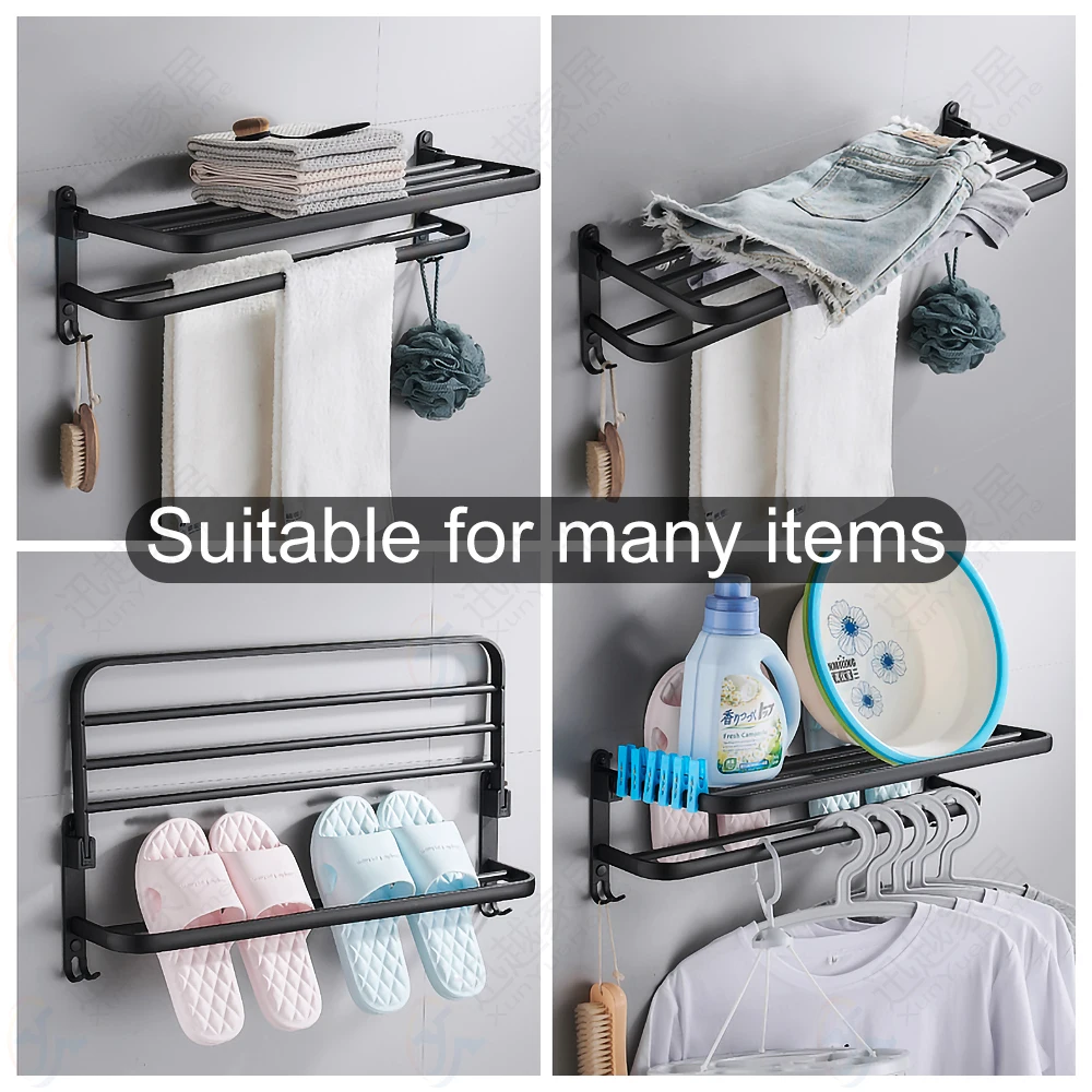 towel rack 40 60 cm folding holder with hook bathroom accessories wall mount rail shower hanger aluminum bar matte black shelf free global shipping